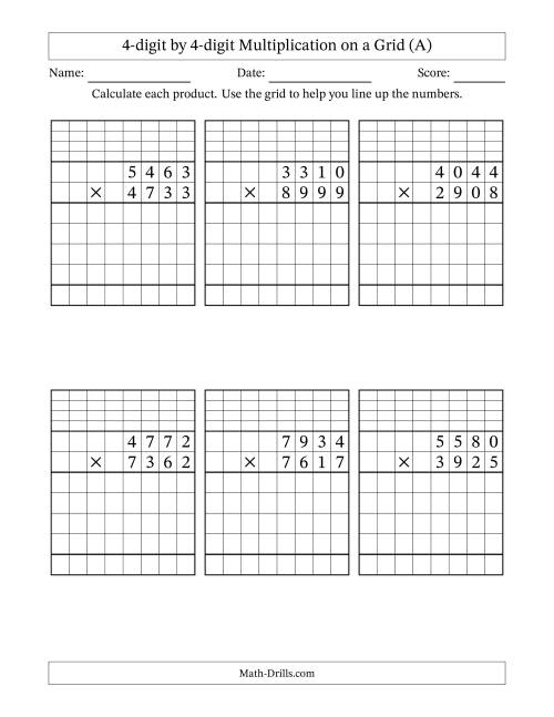The 4-digit by 4-digit Multiplication with Grid Support Including Regrouping (All) Math Worksheet