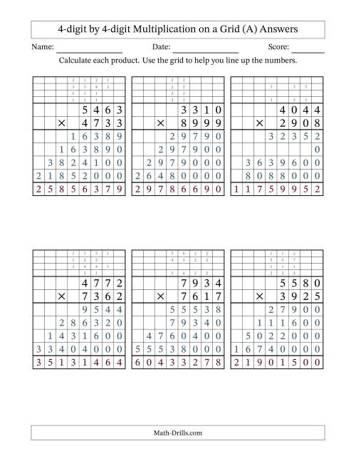 The 4-digit by 4-digit Multiplication with Grid Support Including Regrouping (All) Math Worksheet Page 2