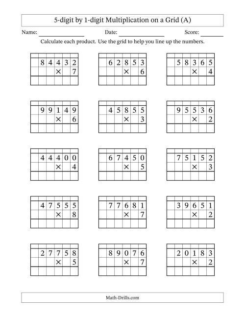 The 5-digit by 1-digit Multiplication with Grid Support Including Regrouping (A) Math Worksheet