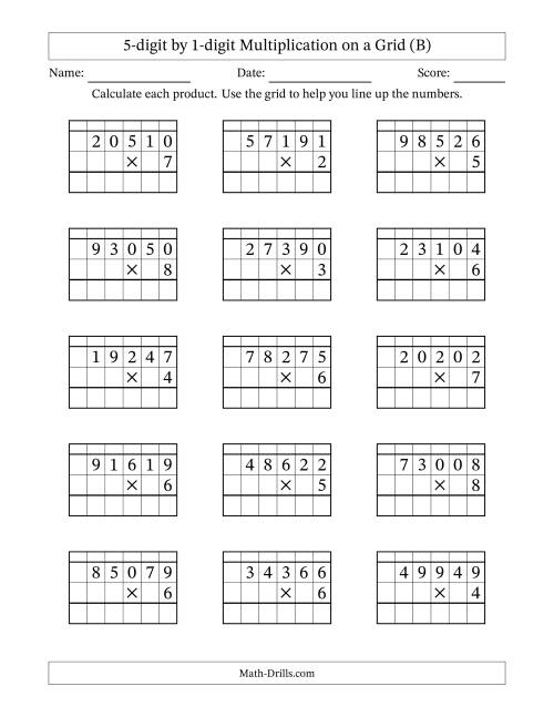 The 5-digit by 1-digit Multiplication with Grid Support Including Regrouping (B) Math Worksheet