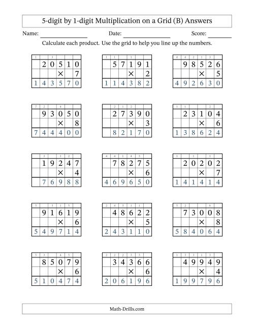 The 5-digit by 1-digit Multiplication with Grid Support Including Regrouping (B) Math Worksheet Page 2