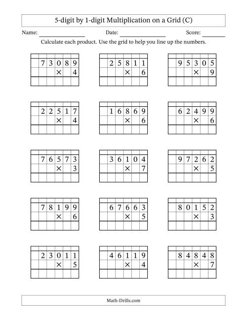 The 5-digit by 1-digit Multiplication with Grid Support Including Regrouping (C) Math Worksheet