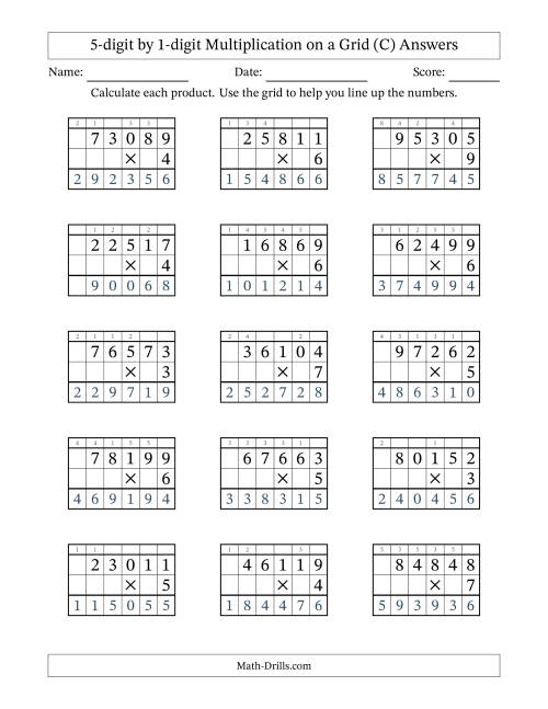 The 5-digit by 1-digit Multiplication with Grid Support Including Regrouping (C) Math Worksheet Page 2