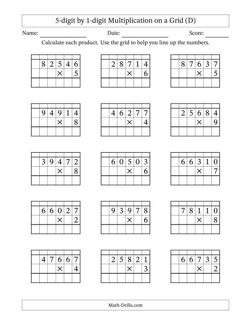 The 5-digit by 1-digit Multiplication with Grid Support Including Regrouping (D) Math Worksheet
