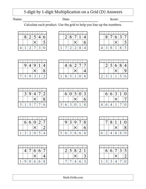 The 5-digit by 1-digit Multiplication with Grid Support Including Regrouping (D) Math Worksheet Page 2