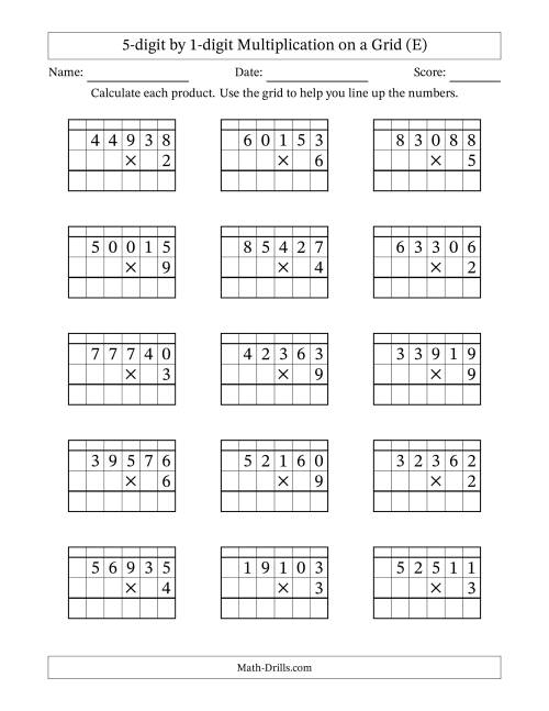 The 5-digit by 1-digit Multiplication with Grid Support Including Regrouping (E) Math Worksheet
