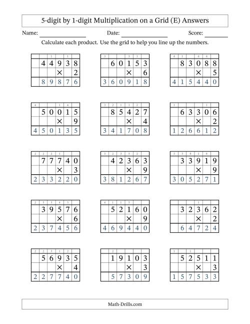The 5-digit by 1-digit Multiplication with Grid Support Including Regrouping (E) Math Worksheet Page 2