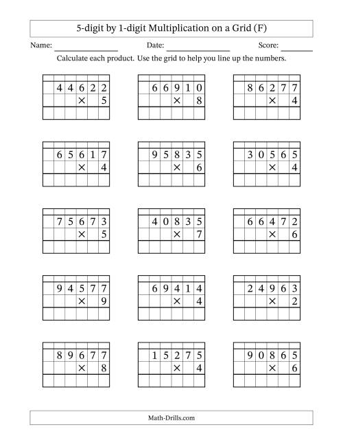 The 5-digit by 1-digit Multiplication with Grid Support Including Regrouping (F) Math Worksheet