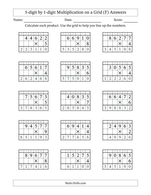 The 5-digit by 1-digit Multiplication with Grid Support Including Regrouping (F) Math Worksheet Page 2