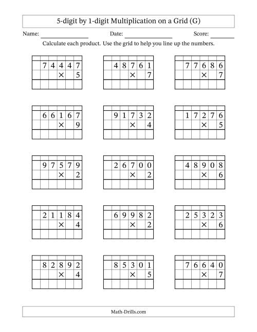 The 5-digit by 1-digit Multiplication with Grid Support Including Regrouping (G) Math Worksheet