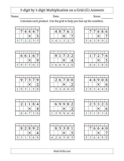 The 5-digit by 1-digit Multiplication with Grid Support Including Regrouping (G) Math Worksheet Page 2