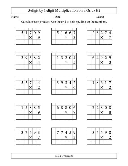 The 5-digit by 1-digit Multiplication with Grid Support Including Regrouping (H) Math Worksheet
