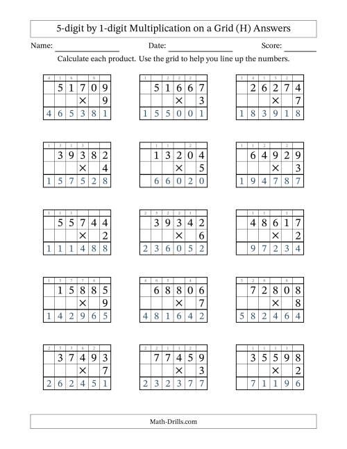 The 5-digit by 1-digit Multiplication with Grid Support Including Regrouping (H) Math Worksheet Page 2