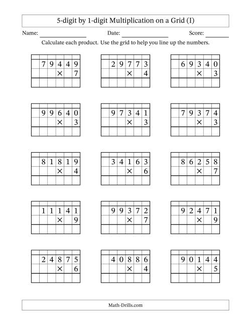 The 5-digit by 1-digit Multiplication with Grid Support Including Regrouping (I) Math Worksheet