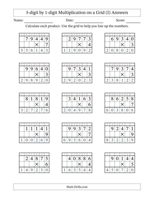 The 5-digit by 1-digit Multiplication with Grid Support Including Regrouping (I) Math Worksheet Page 2