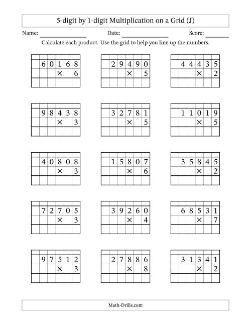 The 5-digit by 1-digit Multiplication with Grid Support Including Regrouping (J) Math Worksheet