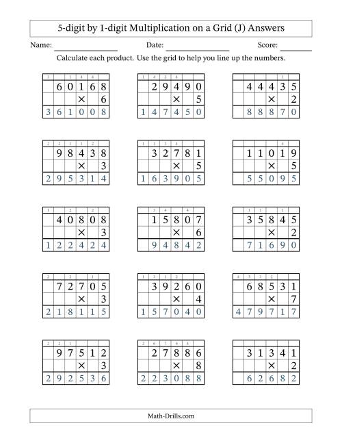 The 5-digit by 1-digit Multiplication with Grid Support Including Regrouping (J) Math Worksheet Page 2