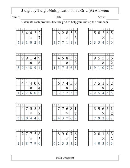 The 5-digit by 1-digit Multiplication with Grid Support Including Regrouping (All) Math Worksheet Page 2