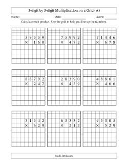 5-digit by 3-digit Multiplication with Grid Support Including Regrouping