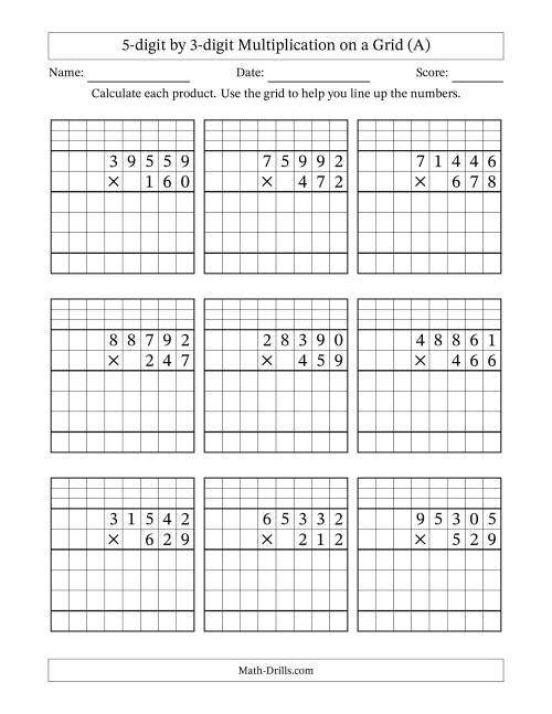 The 5-digit by 3-digit Multiplication with Grid Support Including Regrouping (A) Math Worksheet