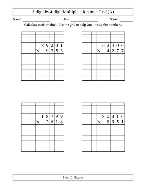 The 5-digit by 4-digit Multiplication with Grid Support Including Regrouping (A) Math Worksheet