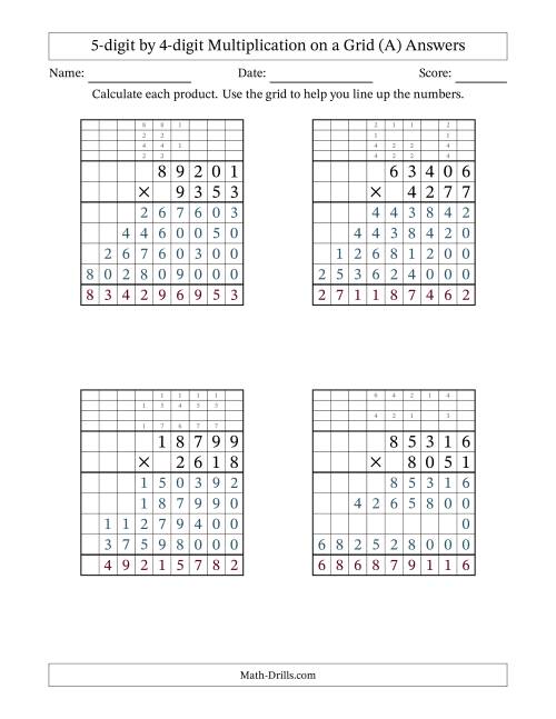 The 5-digit by 4-digit Multiplication with Grid Support Including Regrouping (A) Math Worksheet Page 2