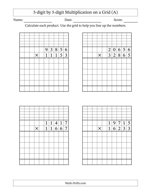 The 5-digit by 5-digit Multiplication with Grid Support Including Regrouping (A) Math Worksheet