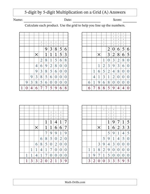 The 5-digit by 5-digit Multiplication with Grid Support Including Regrouping (A) Math Worksheet Page 2