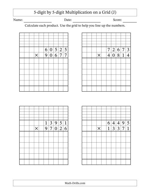 The 5-digit by 5-digit Multiplication with Grid Support Including Regrouping (J) Math Worksheet