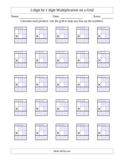 2-digit by 1-digit Multiplication with Grid Support Including Regrouping Blanks