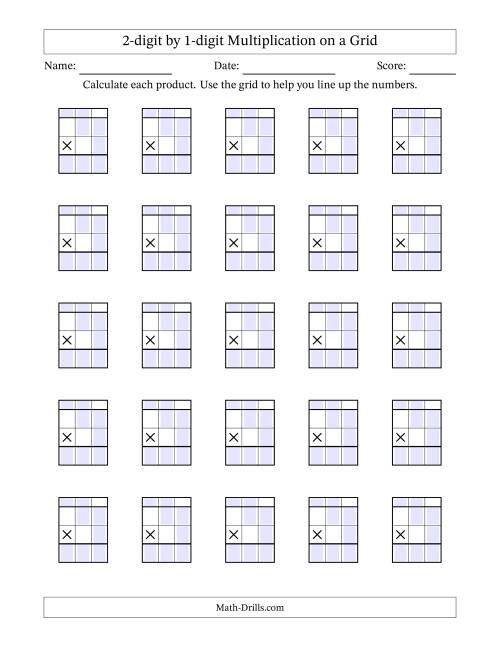 The 2-digit by 1-digit Multiplication with Grid Support Including Regrouping Blanks (A) Math Worksheet