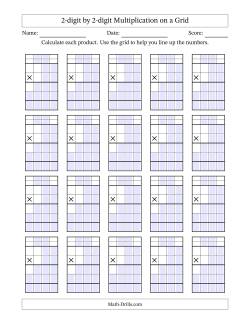 2-digit by 2-digit Multiplication with Grid Support Including Regrouping Blanks