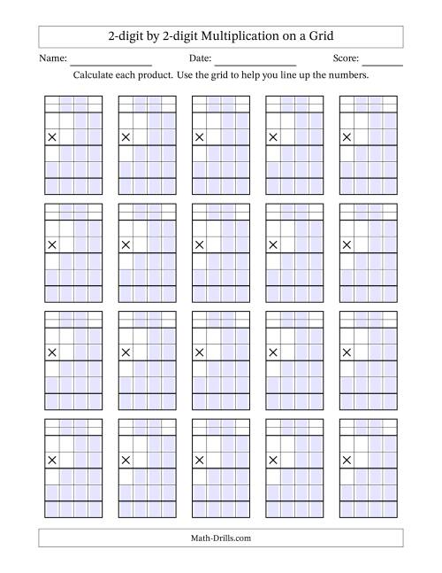 The 2-digit by 2-digit Multiplication with Grid Support Including Regrouping Blanks (A) Math Worksheet