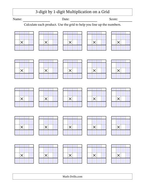 The 3-digit by 1-digit Multiplication with Grid Support Including Regrouping Blanks (A) Math Worksheet