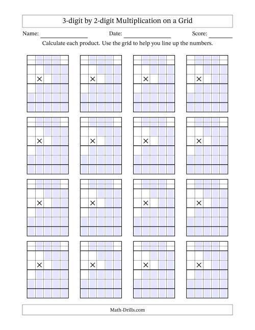 The 3-digit by 2-digit Multiplication with Grid Support Including Regrouping Blanks (A) Math Worksheet