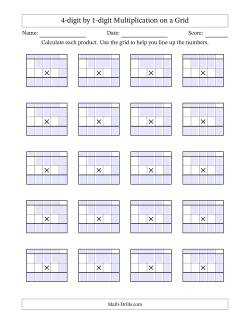 4-digit by 1-digit Multiplication with Grid Support Including Regrouping Blanks