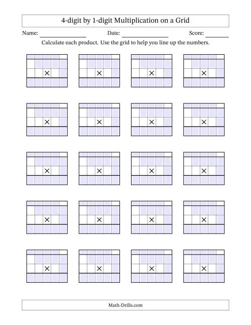 The 4-digit by 1-digit Multiplication with Grid Support Including Regrouping Blanks (A) Math Worksheet