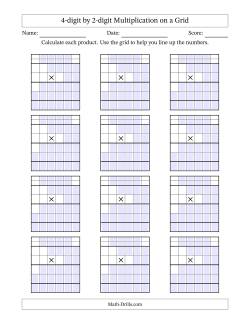 4-digit by 2-digit Multiplication with Grid Support Including Regrouping Blanks