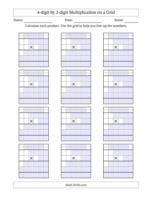 The 4-digit by 2-digit Multiplication with Grid Support Including Regrouping Blanks (A) Math Worksheet