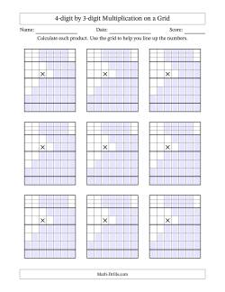 4-digit by 3-digit Multiplication with Grid Support Including Regrouping Blanks