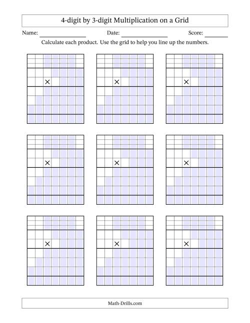 Multiplying 4-Digit by 3-Digit Numbers with Grid Support Blanks (A)