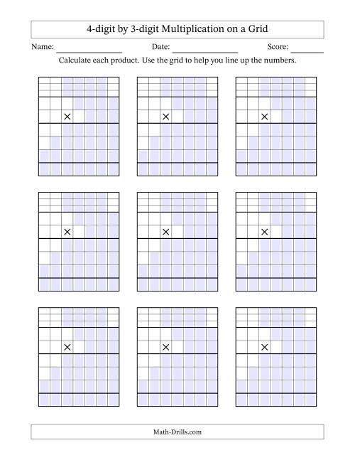 The 4-digit by 3-digit Multiplication with Grid Support Including Regrouping Blanks (A) Math Worksheet