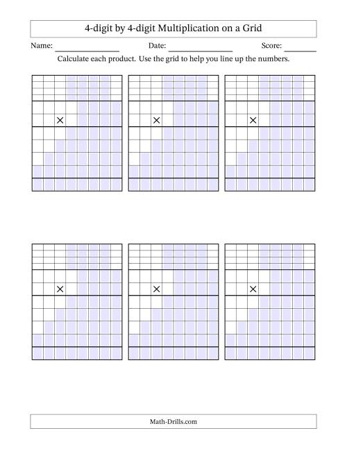 The 4-digit by 4-digit Multiplication with Grid Support Including Regrouping Blanks (A) Math Worksheet