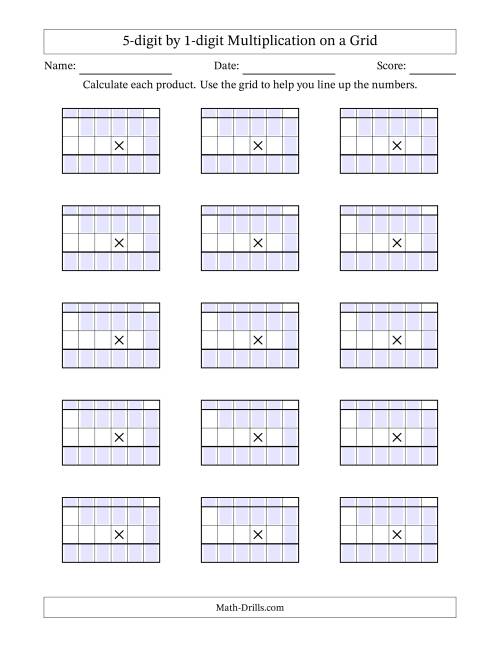 The 5-digit by 1-digit Multiplication with Grid Support Including Regrouping Blanks (A) Math Worksheet