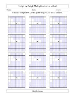 5-digit by 2-digit Multiplication with Grid Support Including Regrouping Blanks