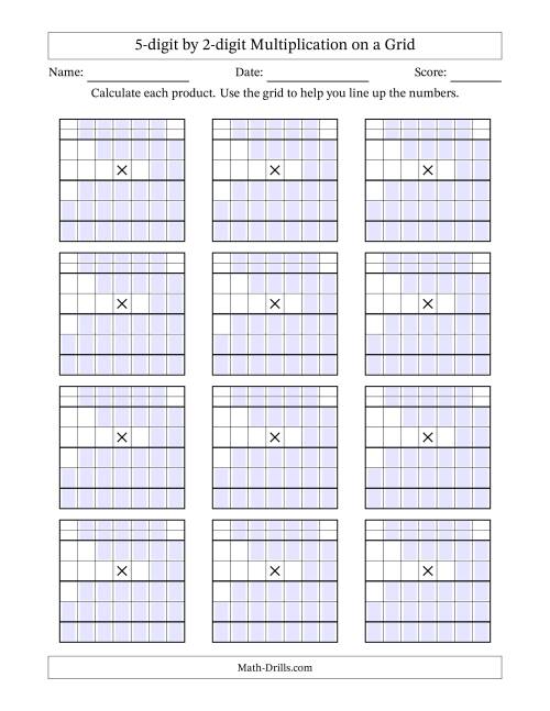 The 5-digit by 2-digit Multiplication with Grid Support Including Regrouping Blanks (A) Math Worksheet