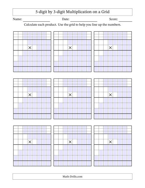 The 5-digit by 3-digit Multiplication with Grid Support Including Regrouping Blanks (A) Math Worksheet