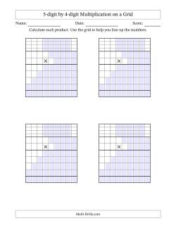 5-digit by 4-digit Multiplication with Grid Support Including Regrouping Blanks