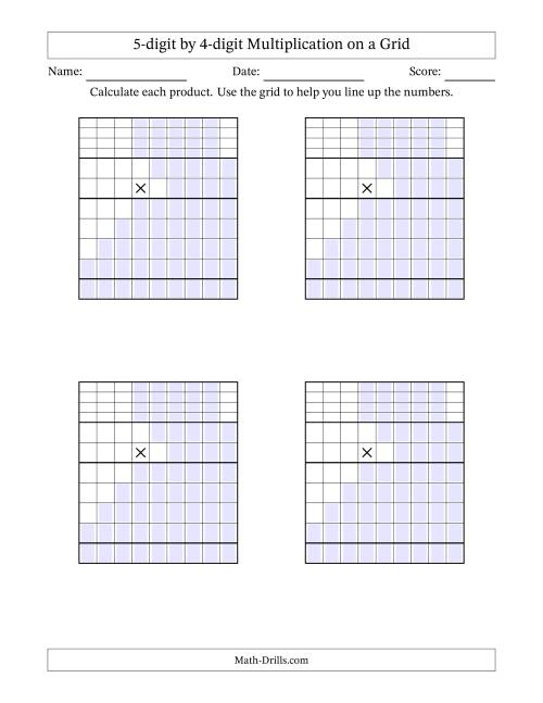 The 5-digit by 4-digit Multiplication with Grid Support Including Regrouping Blanks (A) Math Worksheet