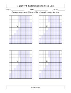 5-digit by 5-digit Multiplication with Grid Support Including Regrouping Blanks